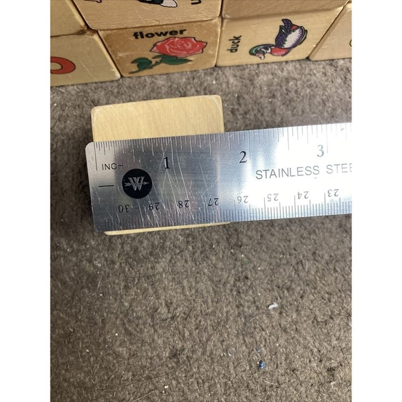 Lot 25 Wooden Toy Blocks Vintage Alphabet Letters Animals Object Wood Cube - Picture 9 of 11